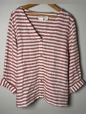 Rachel Zoe 100% Linen Stripe Button Front Blouse Coastal Grandma Resort Wear XL